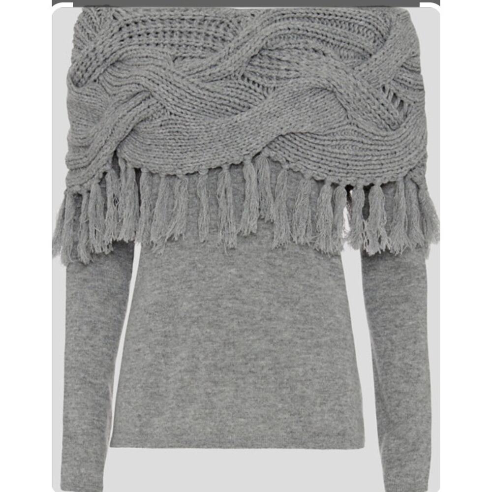 Veronica Beard Gray Fringe Cable-Knit Boatneck Sweater